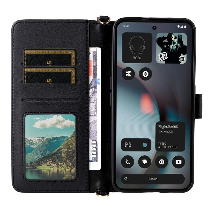For Nothing Phone (3) 5G Case with Shoulder /  Wrist Strap Leather Phone Cover Stand Wallet - Black - 4