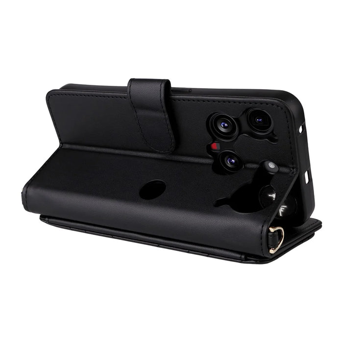 For Nothing Phone (3) 5G Case with Shoulder /  Wrist Strap Leather Phone Cover Stand Wallet - Black - 6