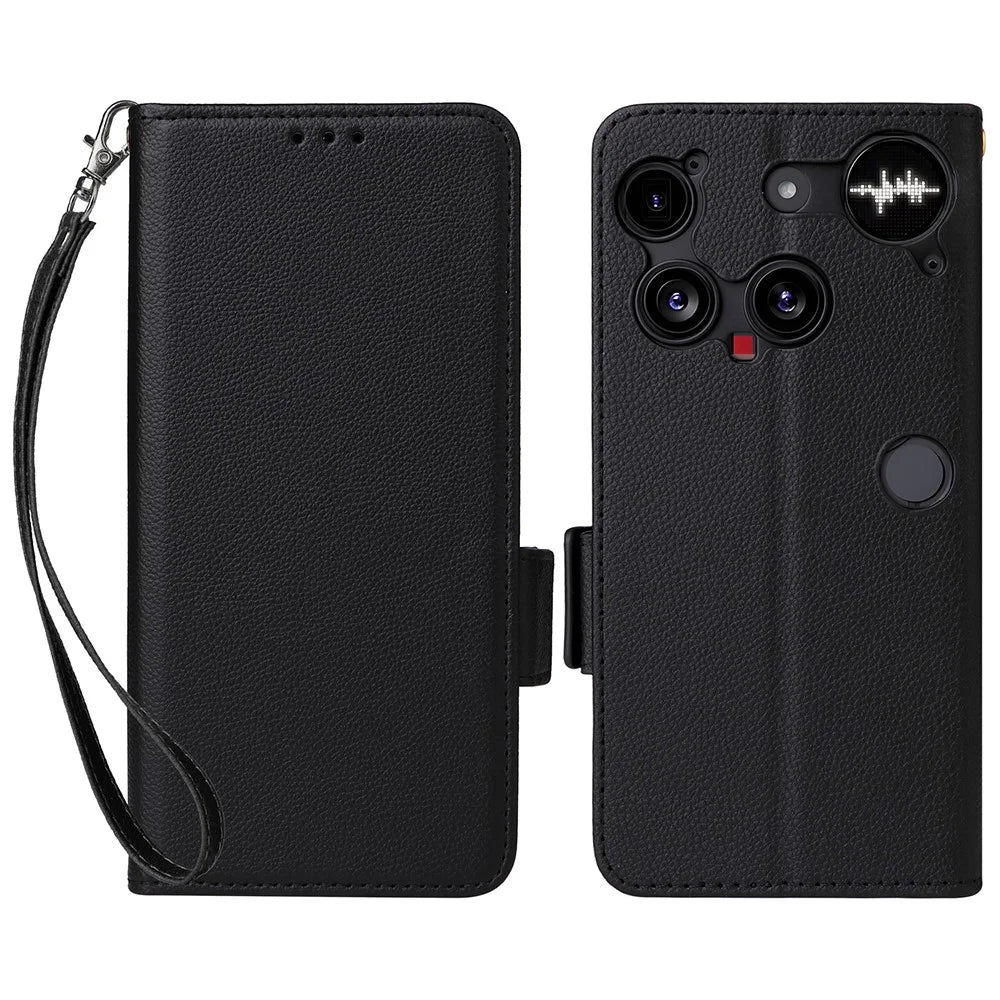 For Nothing Phone (3) 5G Case with Wrist Strap Litchi Texture PU Leather Wallet Phone Cover - Black - 1