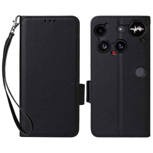 For Nothing Phone (3) 5G Case with Wrist Strap Litchi Texture PU Leather Wallet Phone Cover - Black - 1
