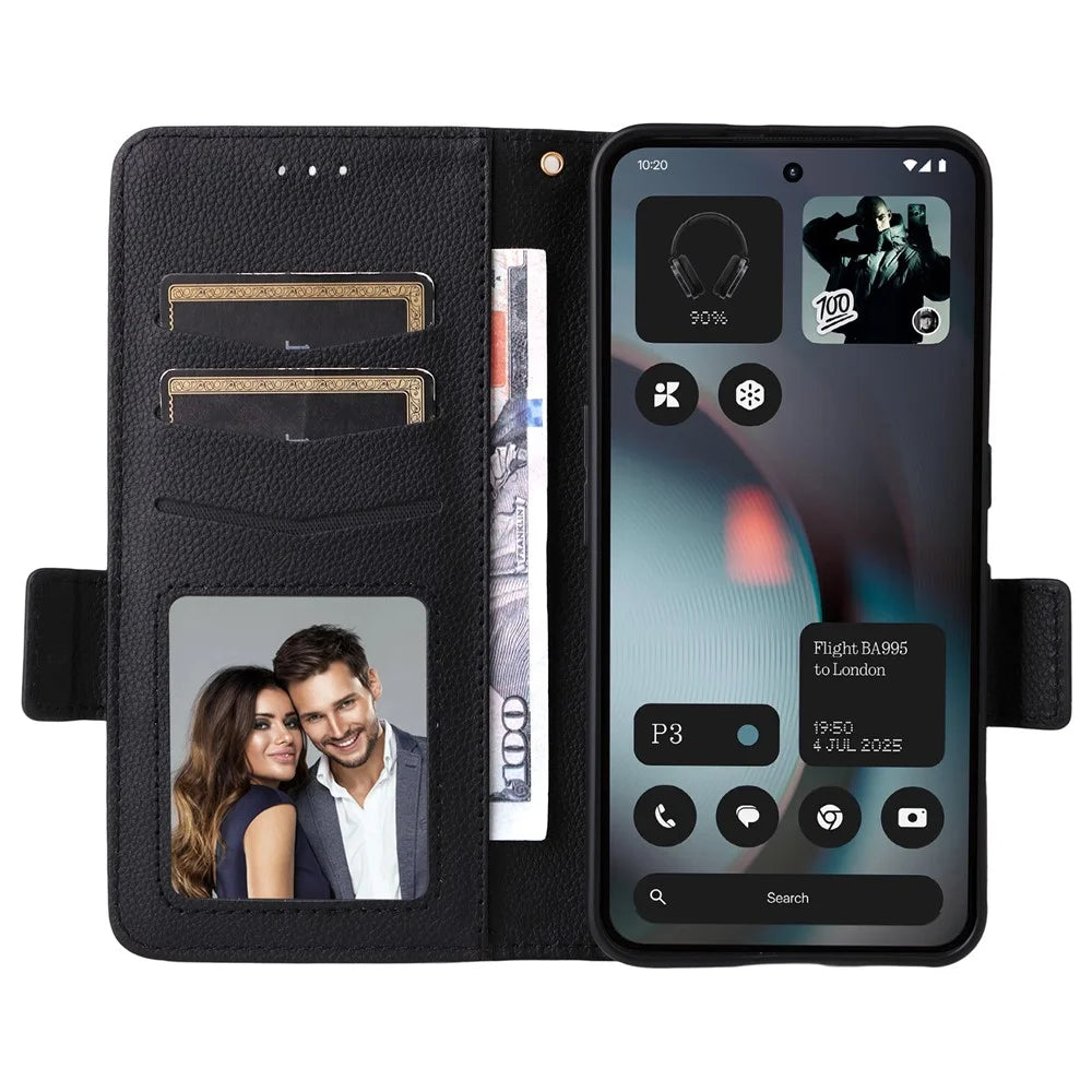 For Nothing Phone (3) 5G Case with Wrist Strap Litchi Texture PU Leather Wallet Phone Cover - Black - 2