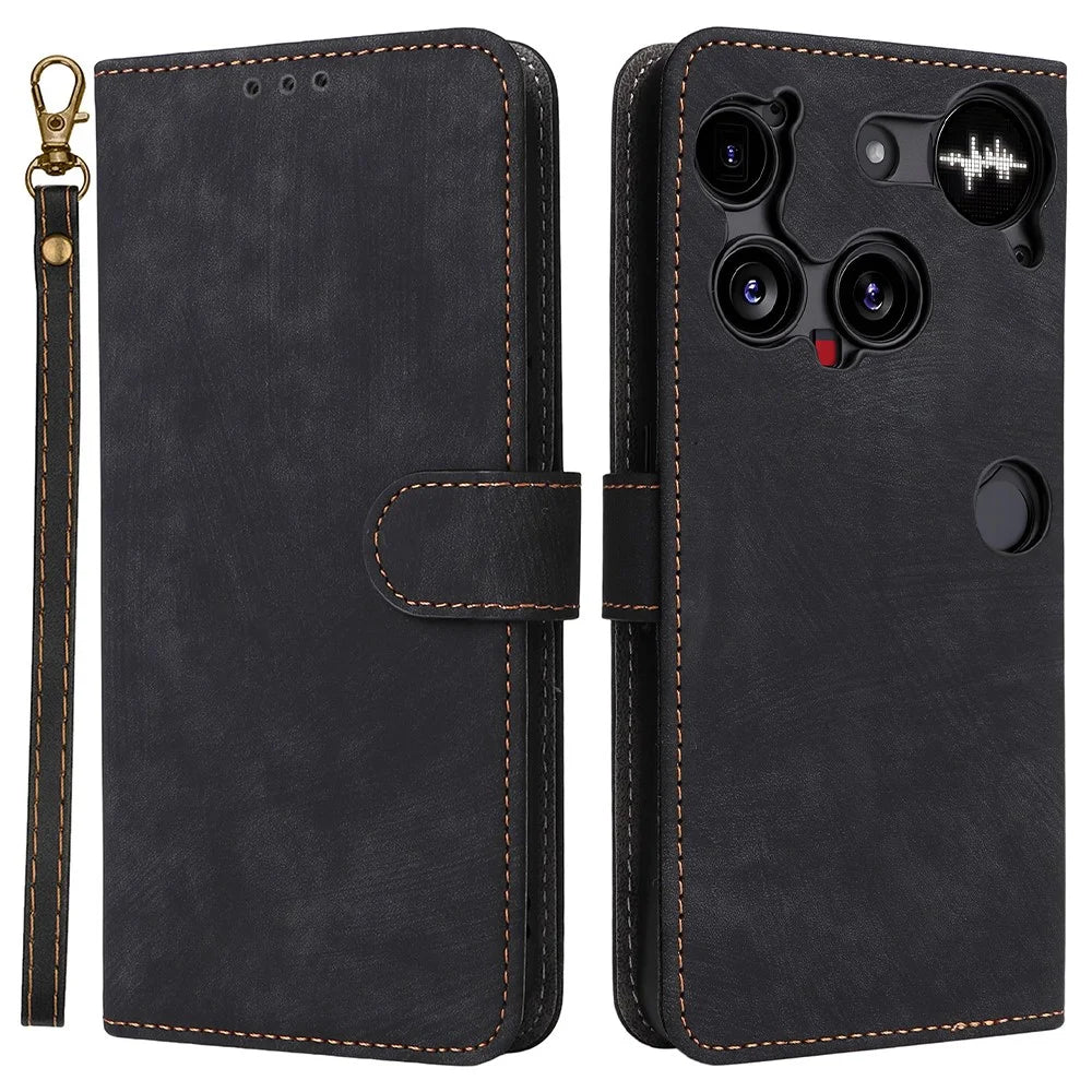 For Nothing Phone (3) 5G Case Wallet RFID Blocking PU Leather Phone Cover Stand with Strap - Black - 1