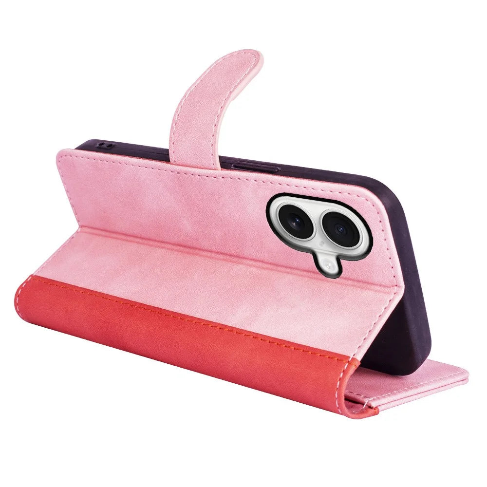 For iPhone 17 Wallet Case Leather Phone Cover Splicing Color - Pink - 3