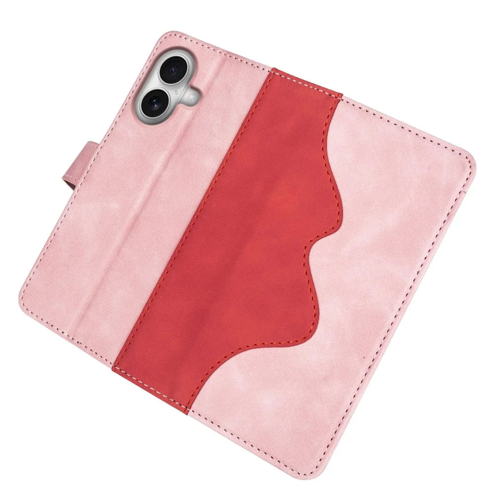 For iPhone 17 Wallet Case Leather Phone Cover Splicing Color - Pink - 4