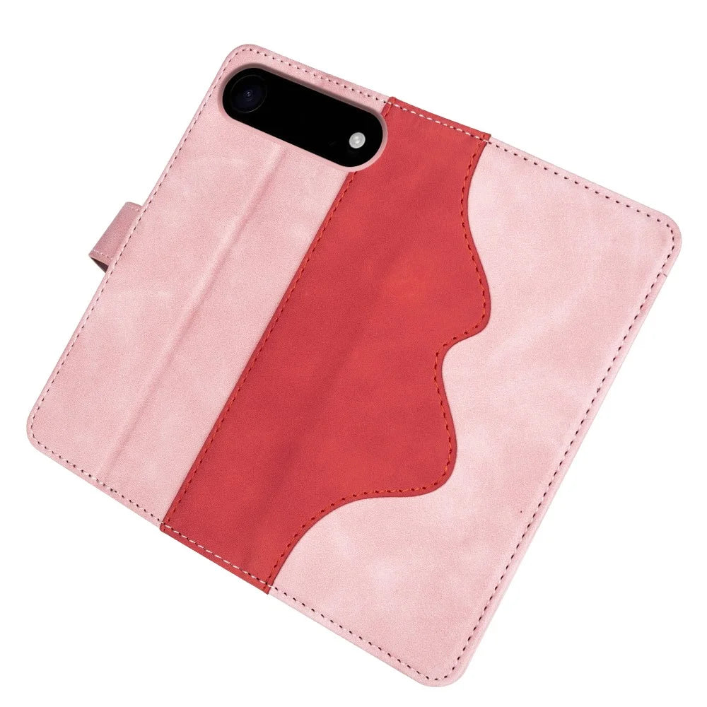 For iPhone Air Wallet Case Leather Phone Cover Splicing Color - Pink - 4