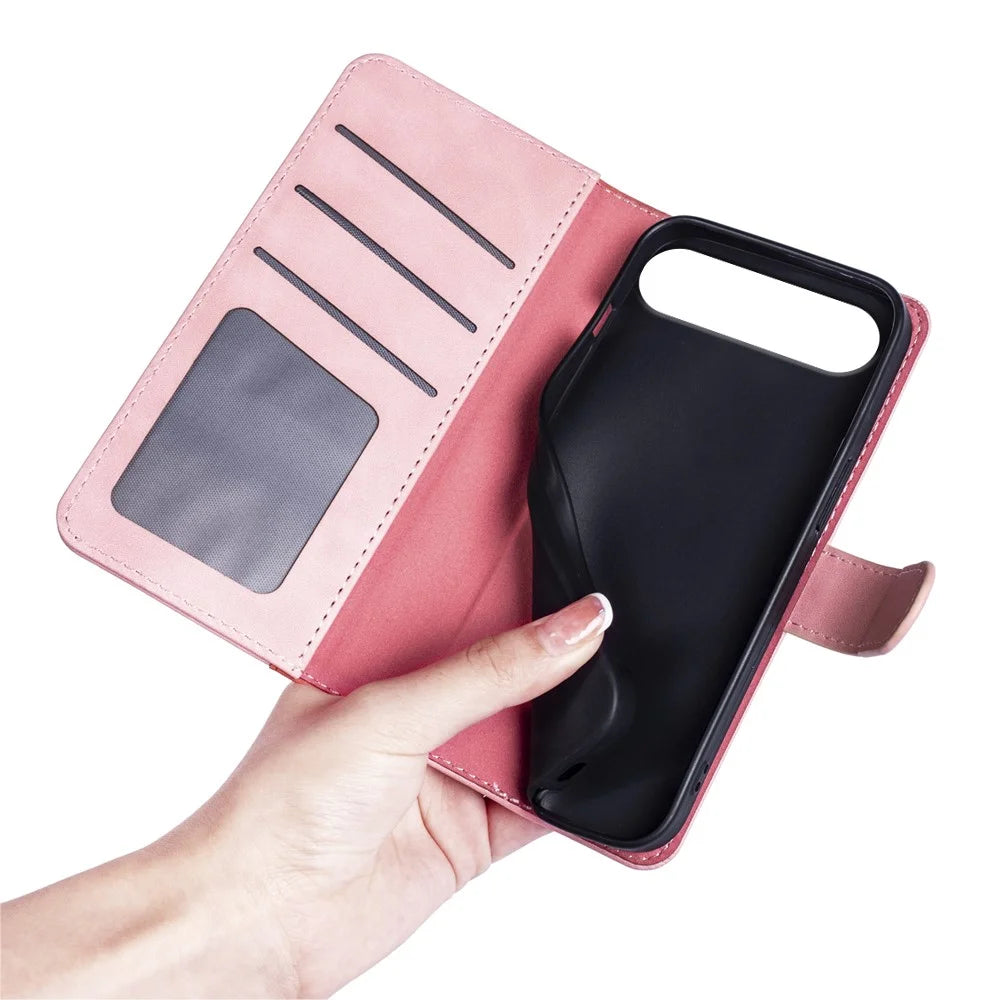 For iPhone Air Wallet Case Leather Phone Cover Splicing Color - Pink - 5