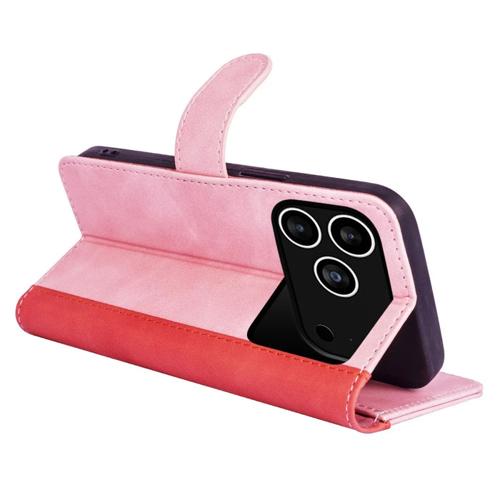 For iPhone 18 Pro / 17 Pro Wallet Case Leather Phone Cover Splicing Color - Pink - 3