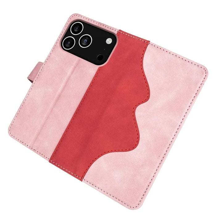 For iPhone 18 Pro / 17 Pro Wallet Case Leather Phone Cover Splicing Color - Pink - 4