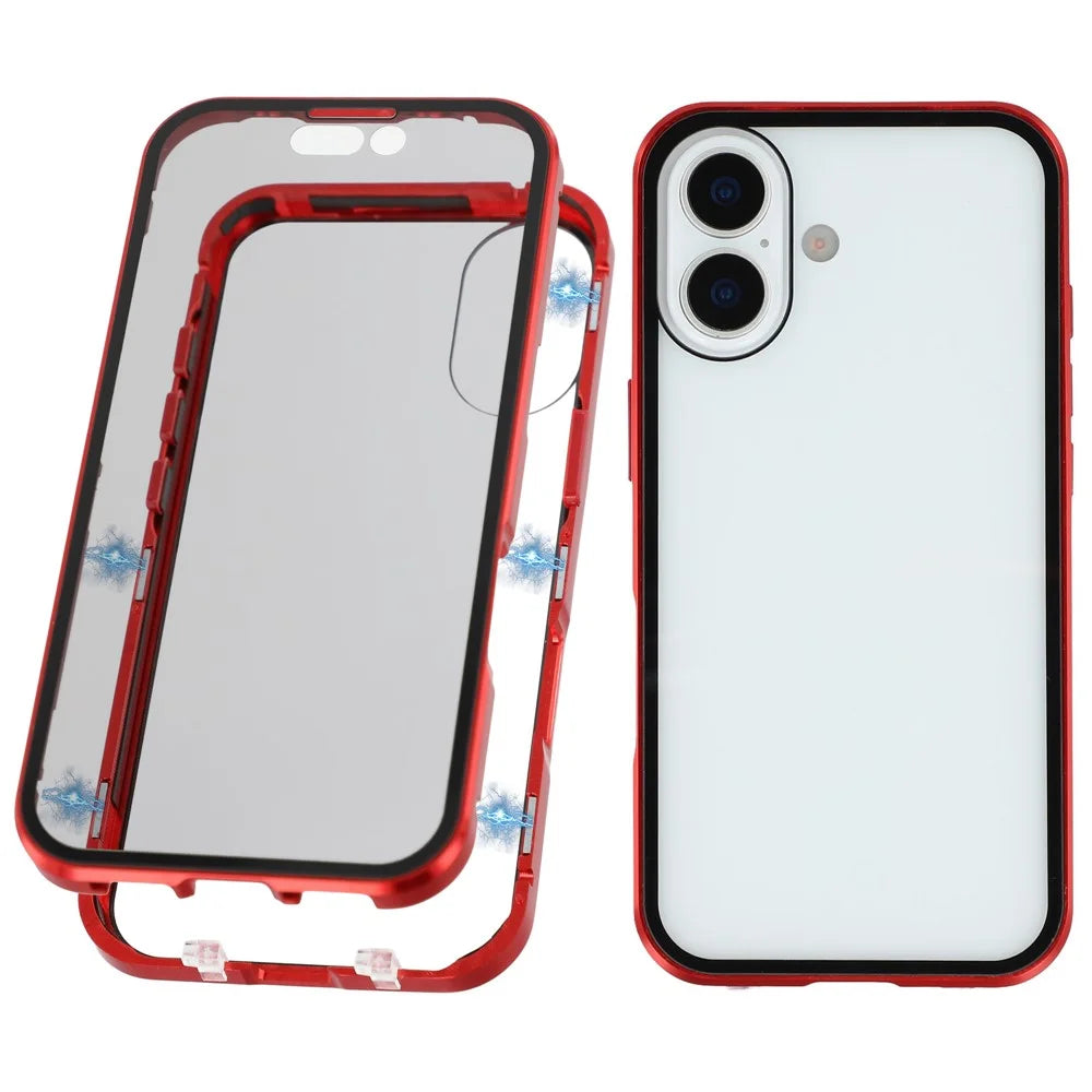 For iPhone 17 Double-Sided Tempered Glass Phone Cover with Anti-Spy Screen Protector Magnetic Adsorption Metal Frame - Red - 1