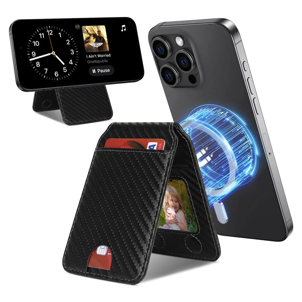 Magnetic Cellphone Back Card Bag 5 Card Slots PU Leather Phone Kickstand - Carbon Fiber / Black - 1