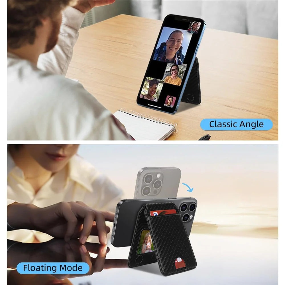 Magnetic Cellphone Back Card Bag 5 Card Slots PU Leather Phone Kickstand - Carbon Fiber / Black - 3