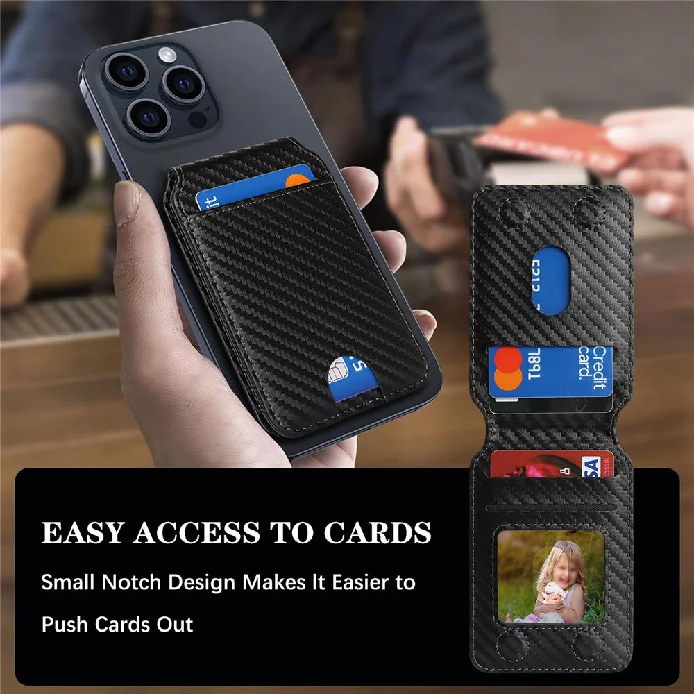 Magnetic Cellphone Back Card Bag 5 Card Slots PU Leather Phone Kickstand - Carbon Fiber / Black - 4
