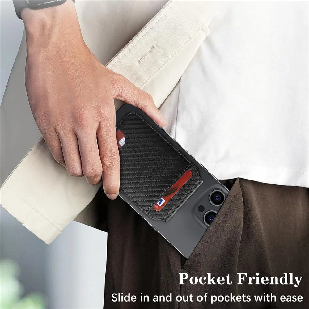 Magnetic Cellphone Back Card Bag 5 Card Slots PU Leather Phone Kickstand - Carbon Fiber / Black - 5
