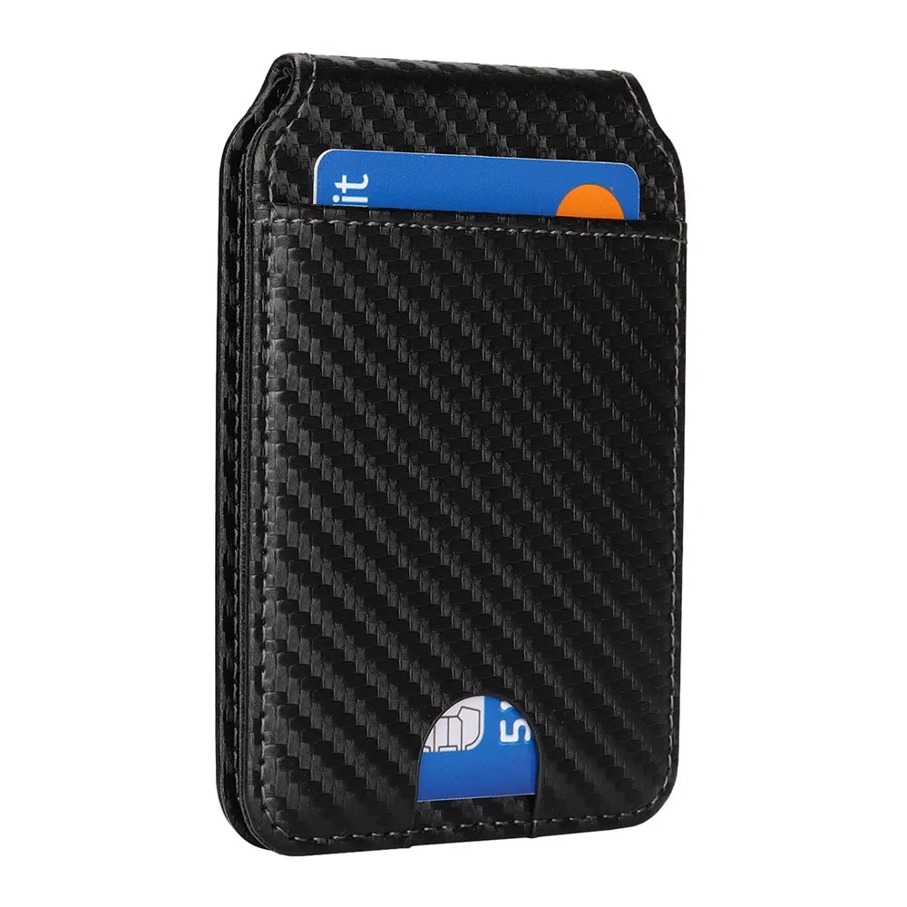 Magnetic Cellphone Back Card Bag 5 Card Slots PU Leather Phone Kickstand - Carbon Fiber / Black - 7