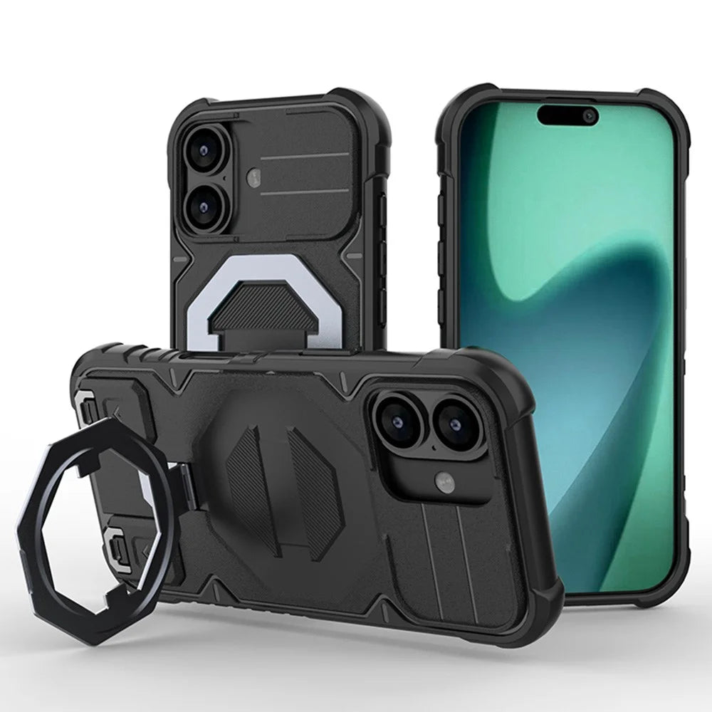 For iPhone 17 Case Compatible with MagSafe PC + TPU Kickstand Phone Cover with Lanyard - Black - 1