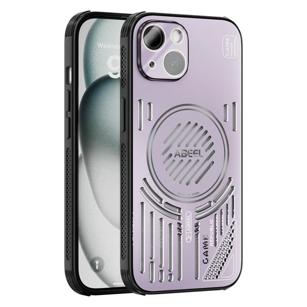ABEEL For iPhone 14 Magnetic Case Aluminium Alloy + PC + TPU Hollow Heat Dissipation Phone Cover - Pink Purple - 1