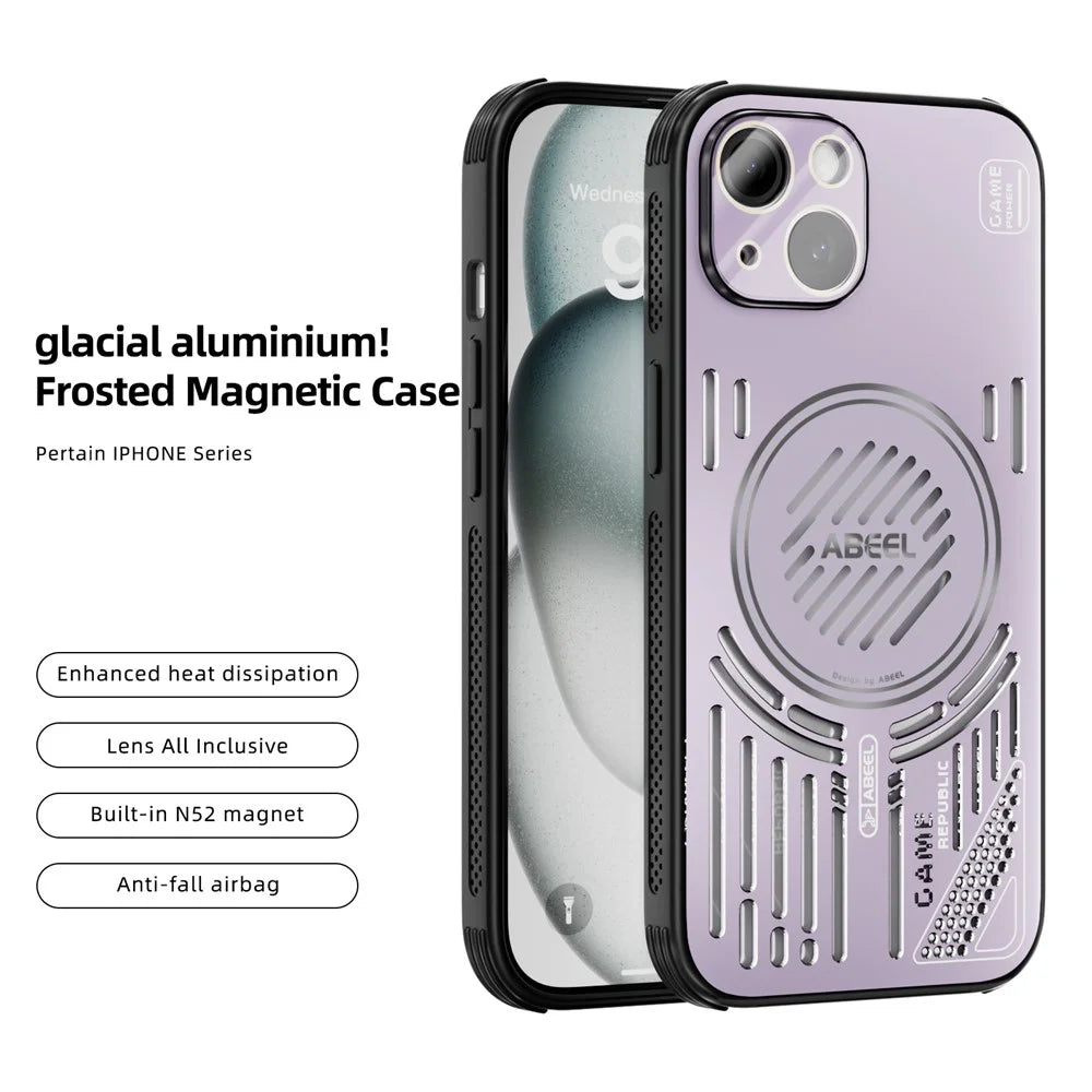 ABEEL For iPhone 14 Magnetic Case Aluminium Alloy + PC + TPU Hollow Heat Dissipation Phone Cover - Pink Purple - 3