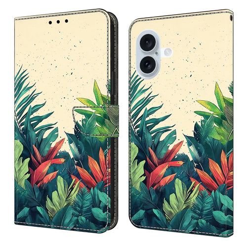 For iPhone 17 Wallet Case Pattern Printing PU Leather Flip Stand Phone Cover - Leaves - 1