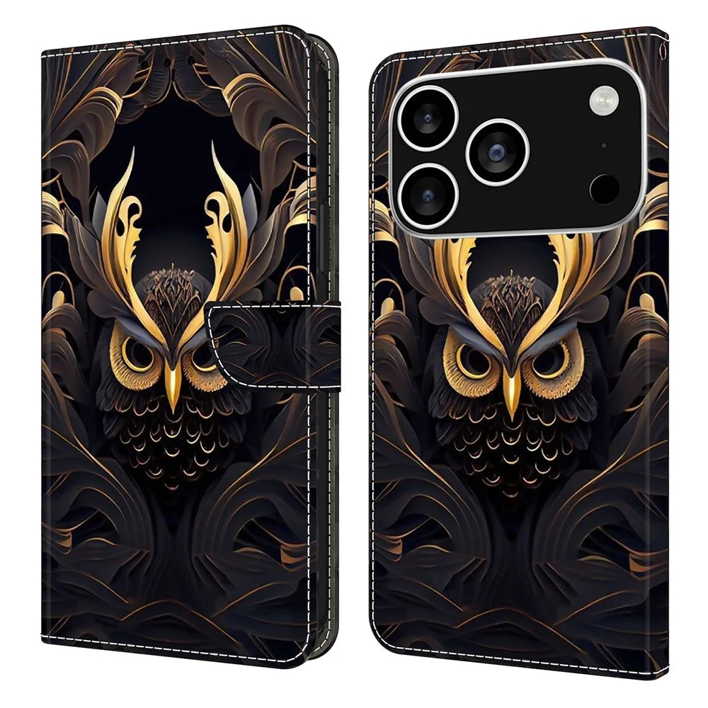 For iPhone 18 Pro / 17 Pro Wallet Case Pattern Printing PU Leather Flip Stand Phone Cover - Owl - 1
