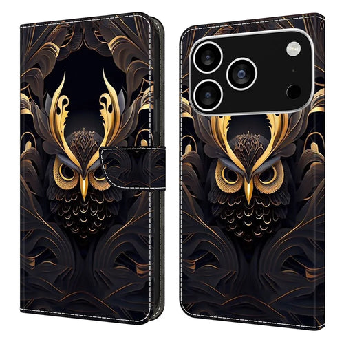 For iPhone 18 Pro / 17 Pro Wallet Case Pattern Printing PU Leather Flip Stand Phone Cover - Owl - 1