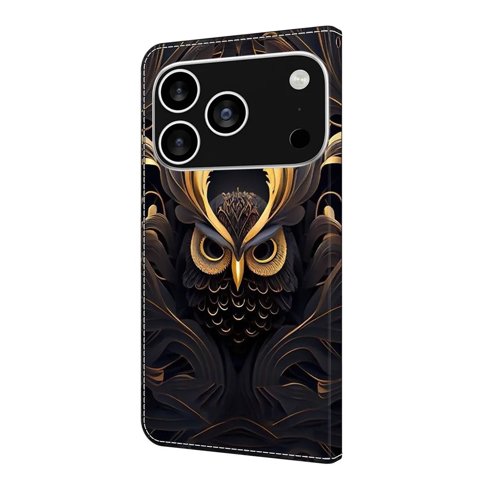 For iPhone 18 Pro / 17 Pro Wallet Case Pattern Printing PU Leather Flip Stand Phone Cover - Owl - 6