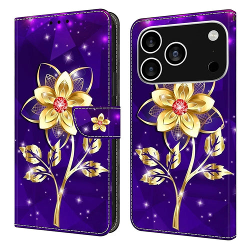 For iPhone 18 Pro Max / 17 Pro Max Wallet Case Pattern Printing PU Leather Flip Stand Phone Cover - Golden Flowers on Purple - 1