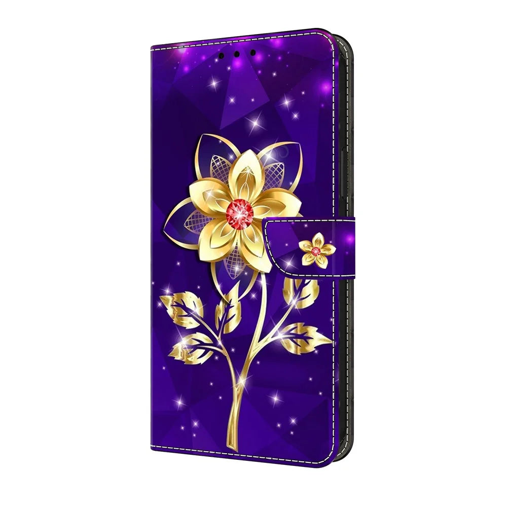 For iPhone 18 Pro Max / 17 Pro Max Wallet Case Pattern Printing PU Leather Flip Stand Phone Cover - Golden Flowers on Purple - 5