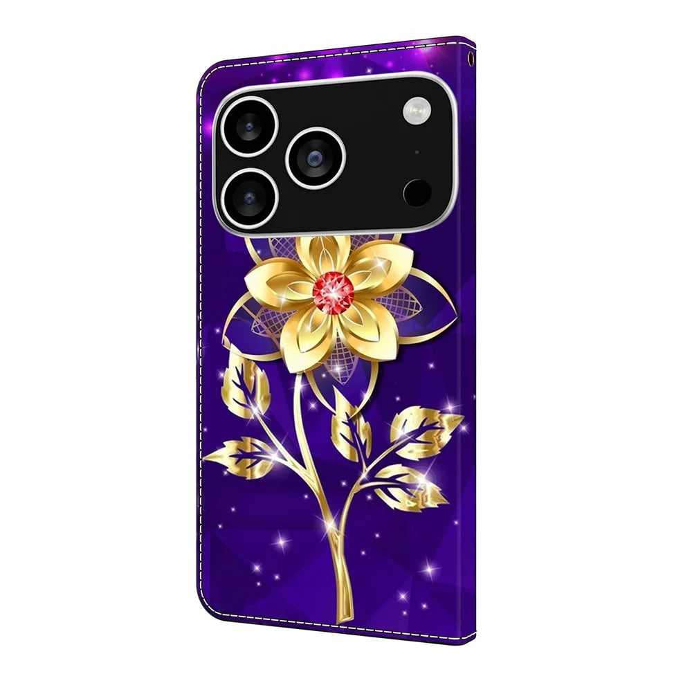 For iPhone 18 Pro Max / 17 Pro Max Wallet Case Pattern Printing PU Leather Flip Stand Phone Cover - Golden Flowers on Purple - 6