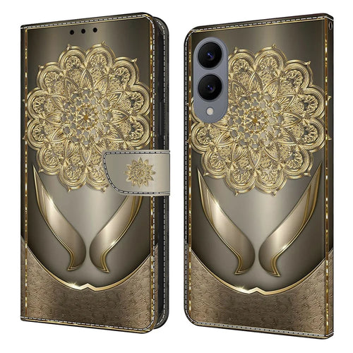 For Samsung Galaxy S25 Edge Wallet Case Pattern Printing PU Leather Flip Stand Phone Cover - Shining Golden Flowers - 1