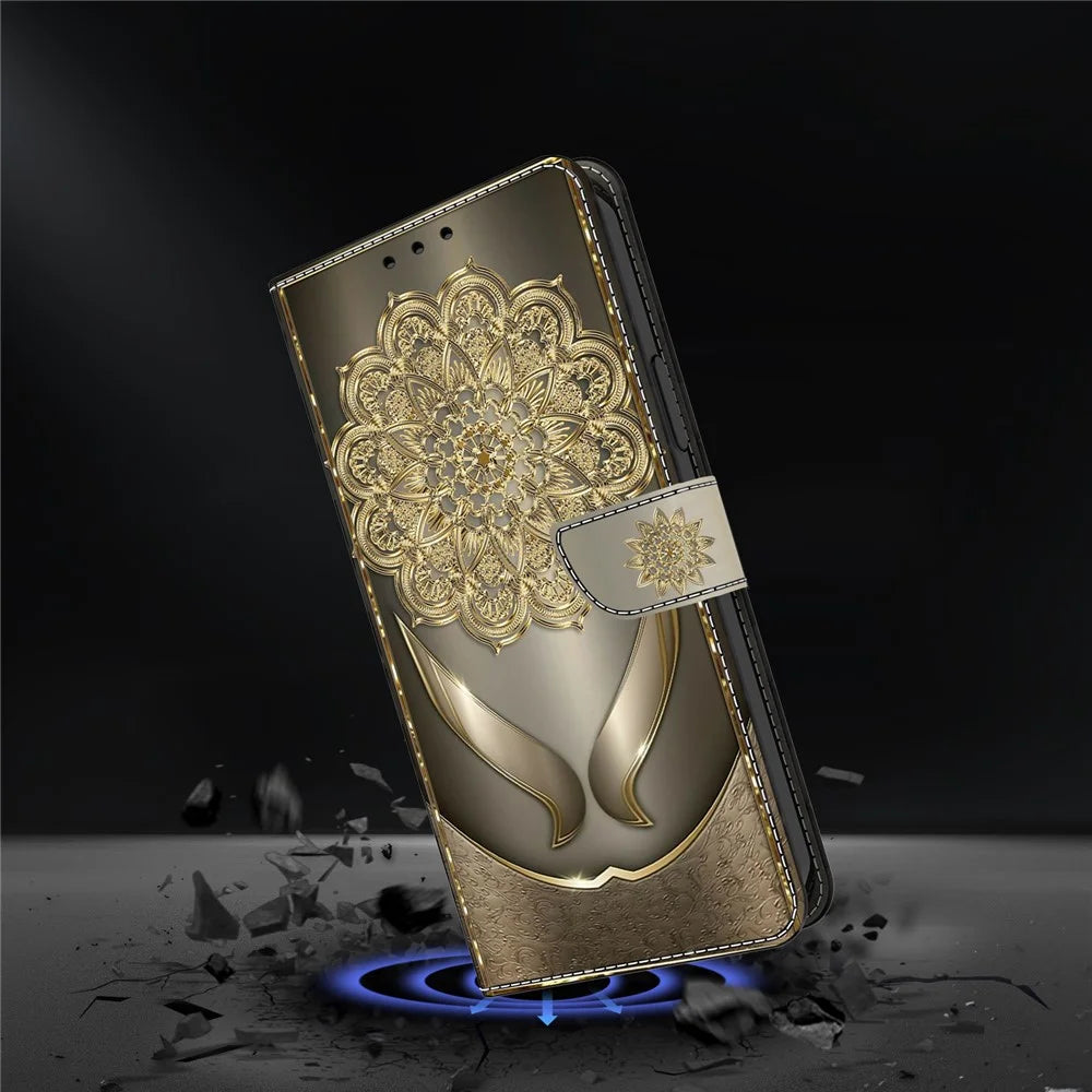 For Samsung Galaxy S25 Edge Wallet Case Pattern Printing PU Leather Flip Stand Phone Cover - Shining Golden Flowers - 4