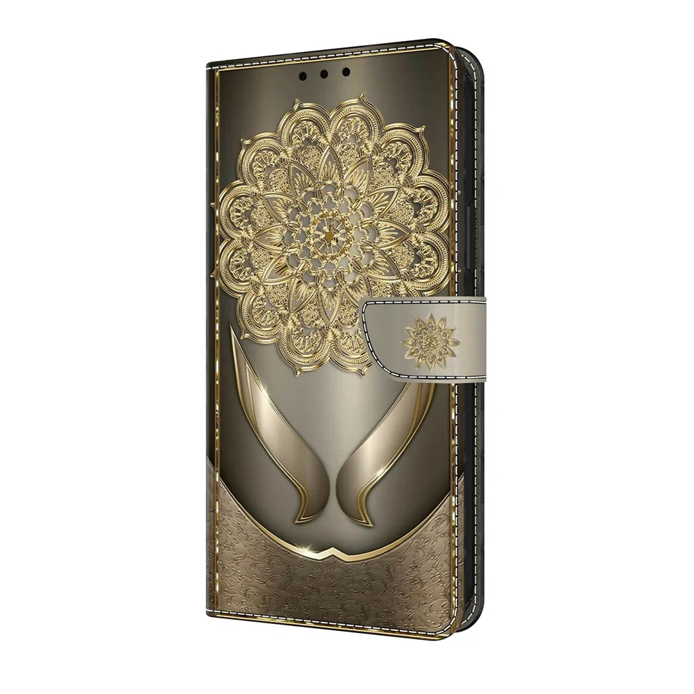 For Samsung Galaxy S25 Edge Wallet Case Pattern Printing PU Leather Flip Stand Phone Cover - Shining Golden Flowers - 5