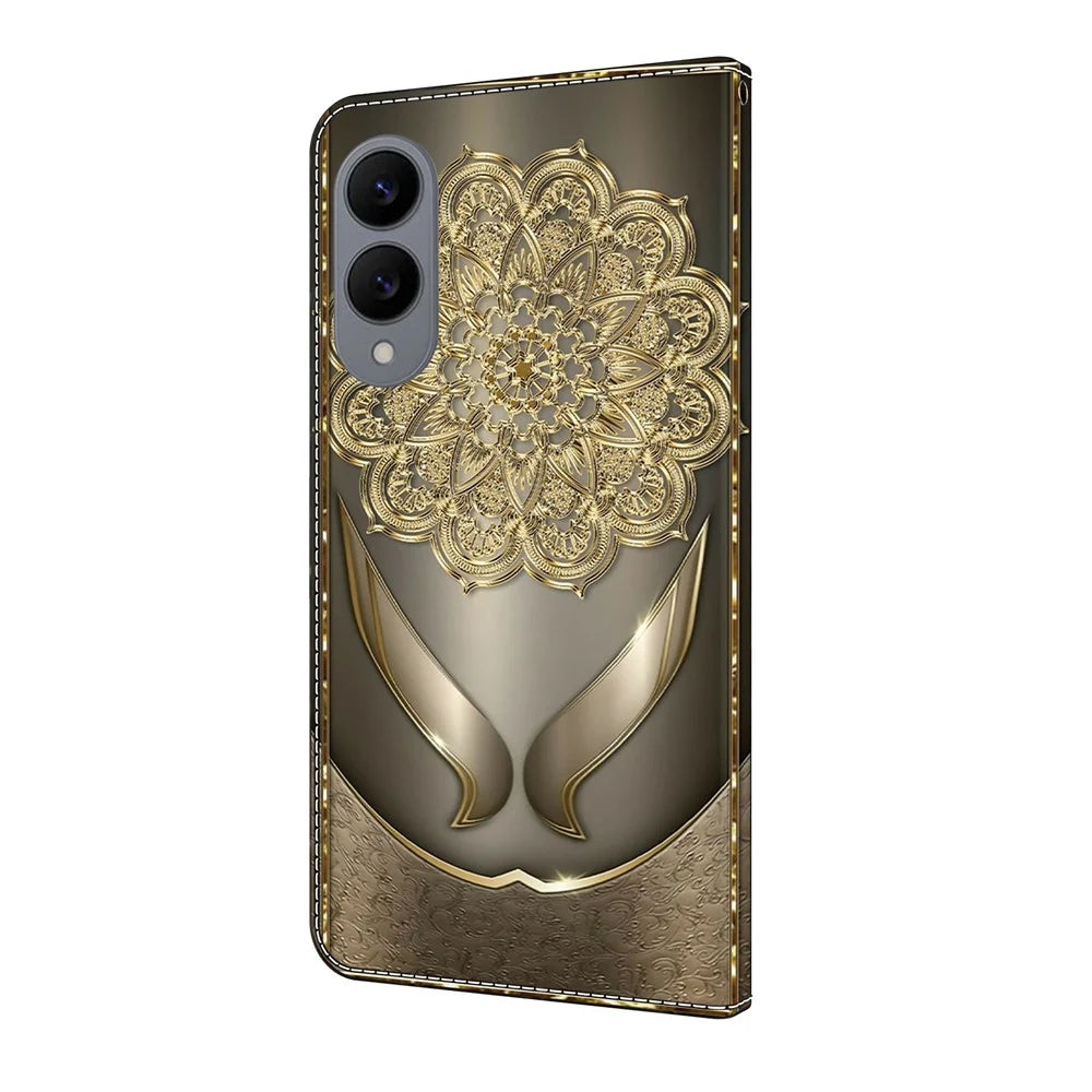 For Samsung Galaxy S25 Edge Wallet Case Pattern Printing PU Leather Flip Stand Phone Cover - Shining Golden Flowers - 6