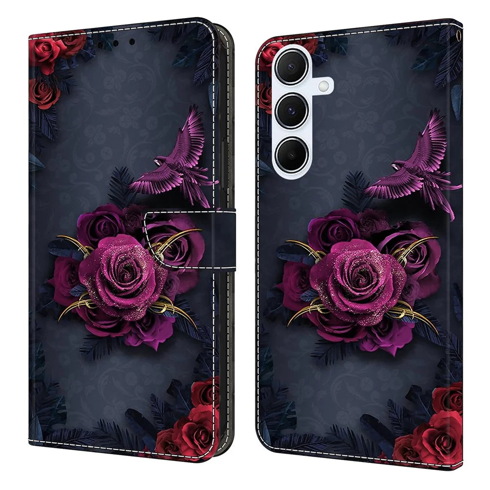 For Samsung Galaxy A16 5G  /  4G Wallet Case Pattern Printing PU Leather Flip Stand Phone Cover - Bright Purple Flowers - 1