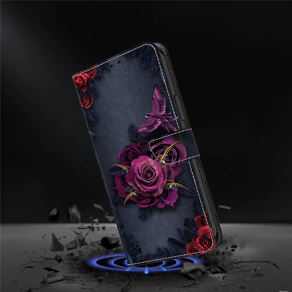 For Samsung Galaxy A16 5G  /  4G Wallet Case Pattern Printing PU Leather Flip Stand Phone Cover - Bright Purple Flowers - 4