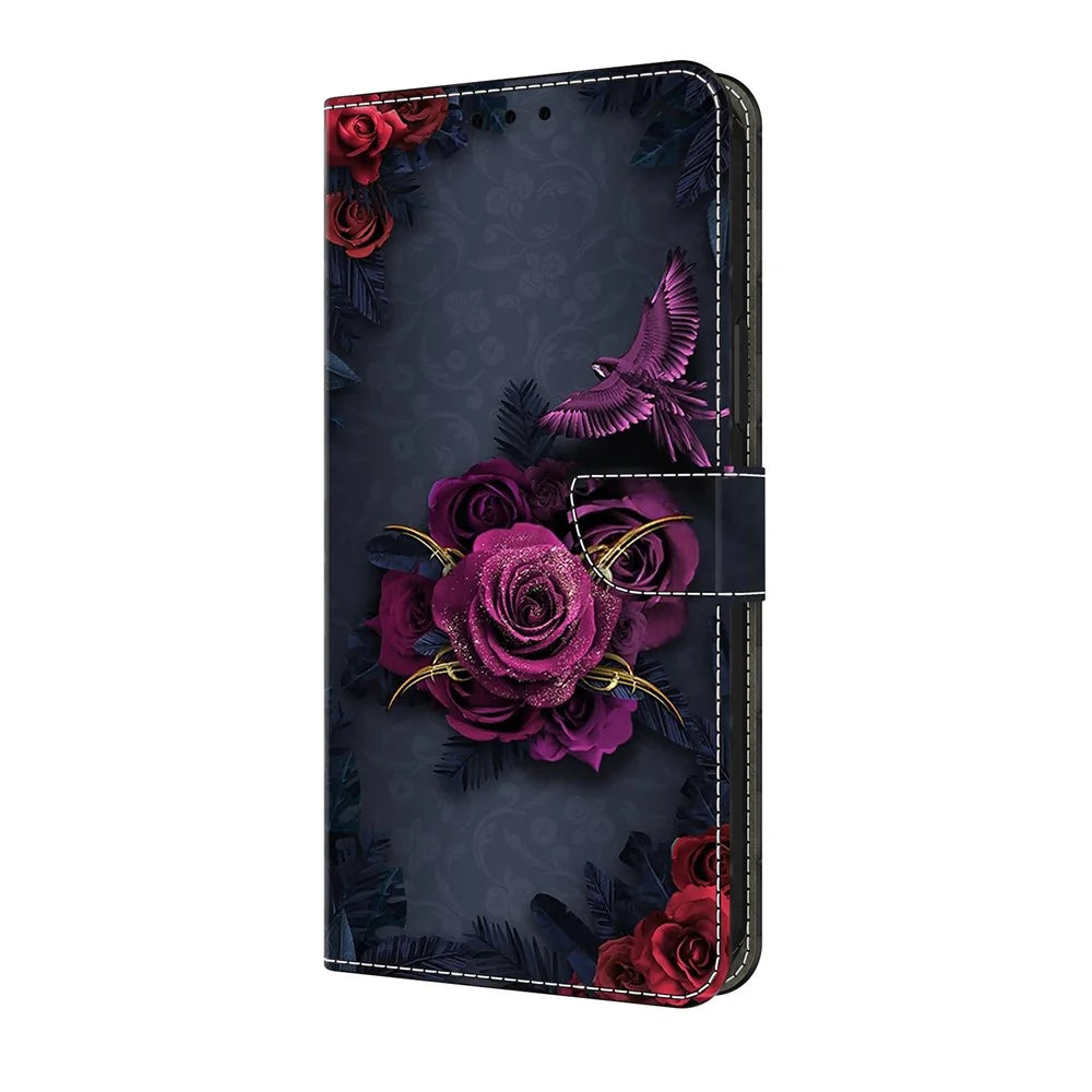 For Samsung Galaxy A16 5G  /  4G Wallet Case Pattern Printing PU Leather Flip Stand Phone Cover - Bright Purple Flowers - 5
