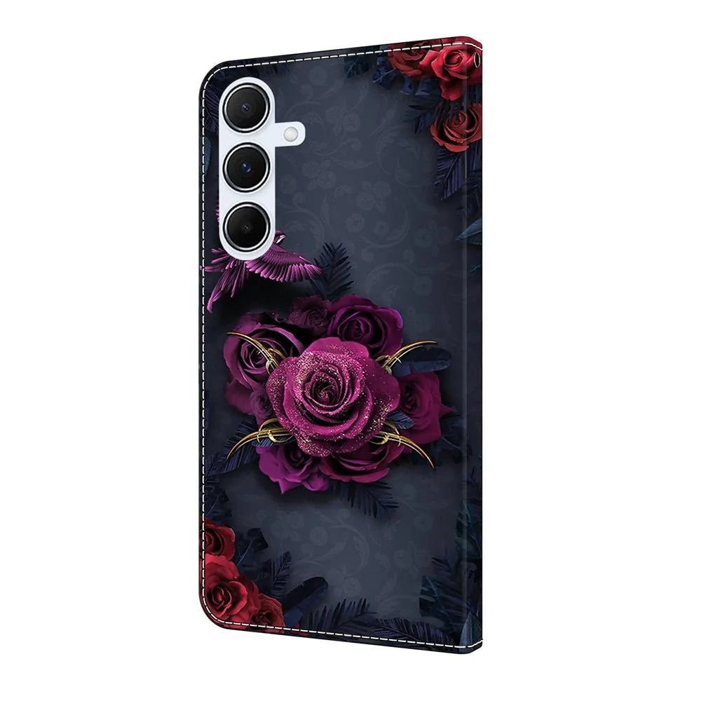 For Samsung Galaxy A16 5G  /  4G Wallet Case Pattern Printing PU Leather Flip Stand Phone Cover - Bright Purple Flowers - 6