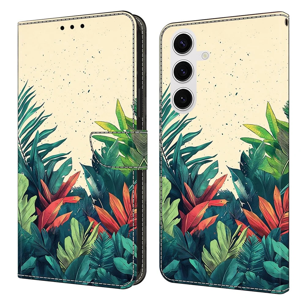 For Samsung Galaxy S25 Wallet Case Pattern Printing PU Leather Flip Stand Phone Cover - Leaves - 1