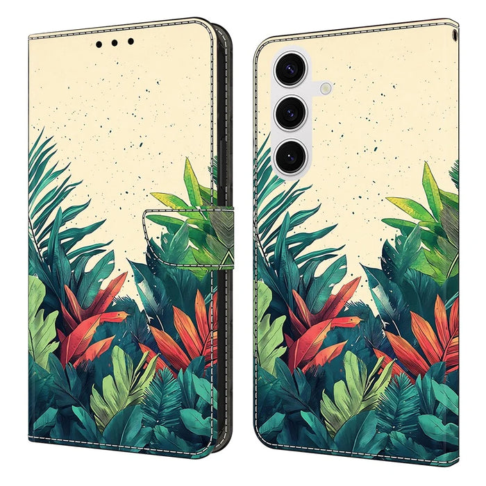 For Samsung Galaxy S25 Wallet Case Pattern Printing PU Leather Flip Stand Phone Cover - Leaves - 1