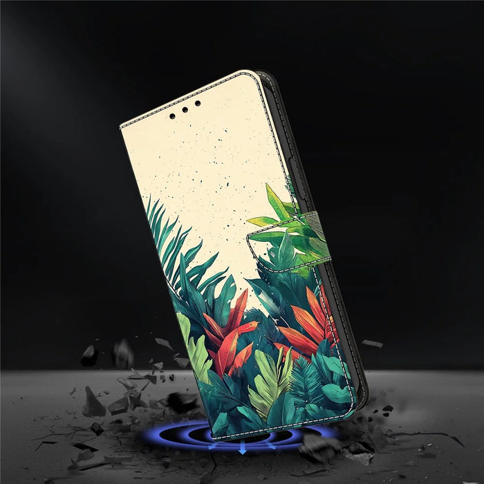 For Samsung Galaxy S25 Wallet Case Pattern Printing PU Leather Flip Stand Phone Cover - Leaves - 4