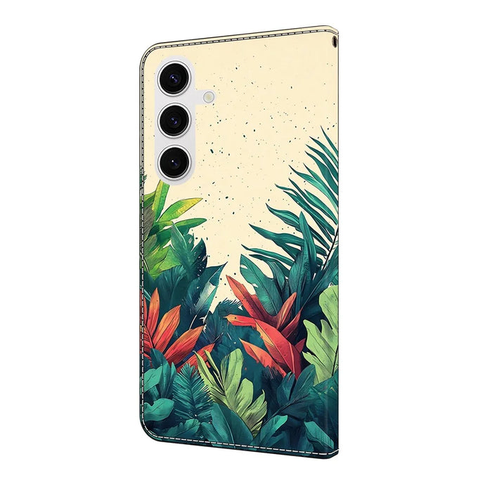 For Samsung Galaxy S25 Wallet Case Pattern Printing PU Leather Flip Stand Phone Cover - Leaves - 6