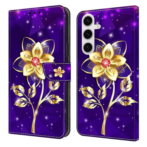 For Samsung Galaxy S25+ Wallet Case Pattern Printing PU Leather Flip Stand Phone Cover - Golden Flowers on Purple - 1
