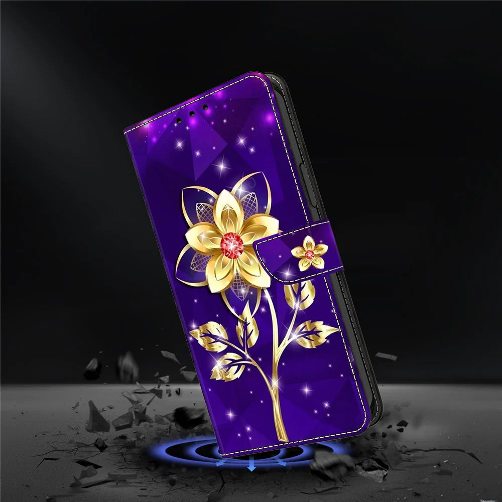 For Samsung Galaxy S25+ Wallet Case Pattern Printing PU Leather Flip Stand Phone Cover - Golden Flowers on Purple - 4
