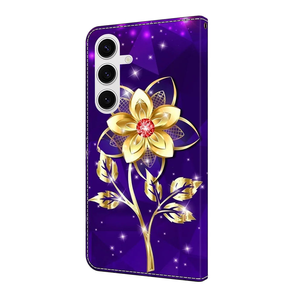 For Samsung Galaxy S25+ Wallet Case Pattern Printing PU Leather Flip Stand Phone Cover - Golden Flowers on Purple - 6