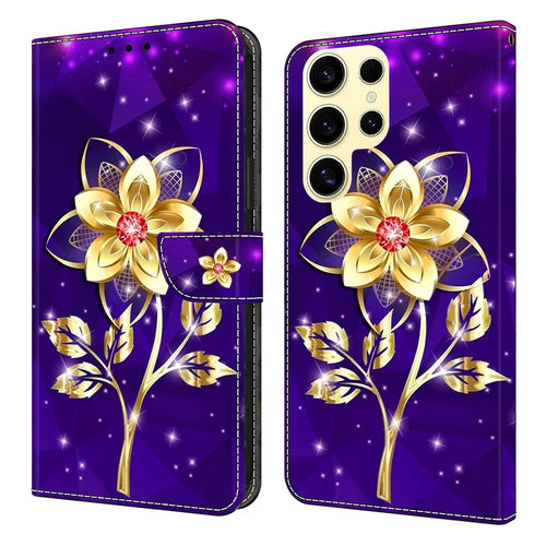 For Samsung Galaxy S25 Ultra Wallet Case Pattern Printing PU Leather Flip Stand Phone Cover - Golden Flowers on Purple - 1