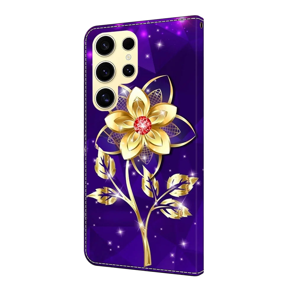 For Samsung Galaxy S25 Ultra Wallet Case Pattern Printing PU Leather Flip Stand Phone Cover - Golden Flowers on Purple - 6