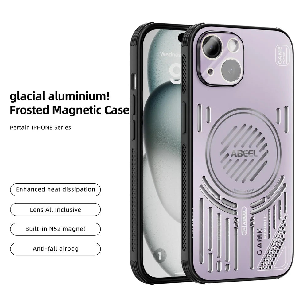 ABEEL For iPhone 15 Magnetic Case Aluminium Alloy + PC + TPU Hollow Heat Dissipation Phone Cover - Pink Purple - 3
