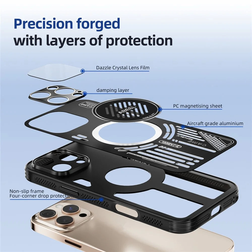 ABEEL For iPhone 16 Pro Max Magnetic Case Aluminium Alloy + PC + TPU Hollow Heat Dissipation Phone Cover - Black - 5