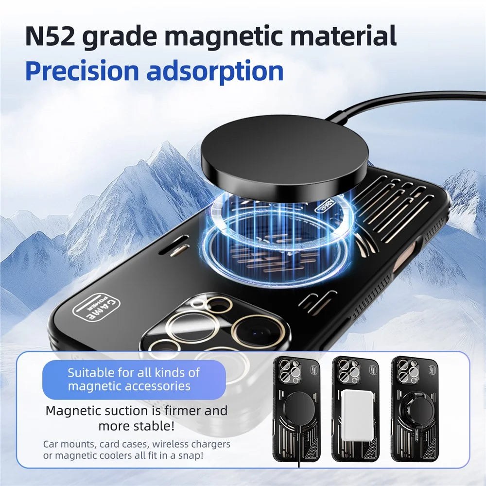ABEEL For iPhone 16 Pro Magnetic Case Aluminium Alloy + PC + TPU Hollow Heat Dissipation Phone Cover - Black - 3
