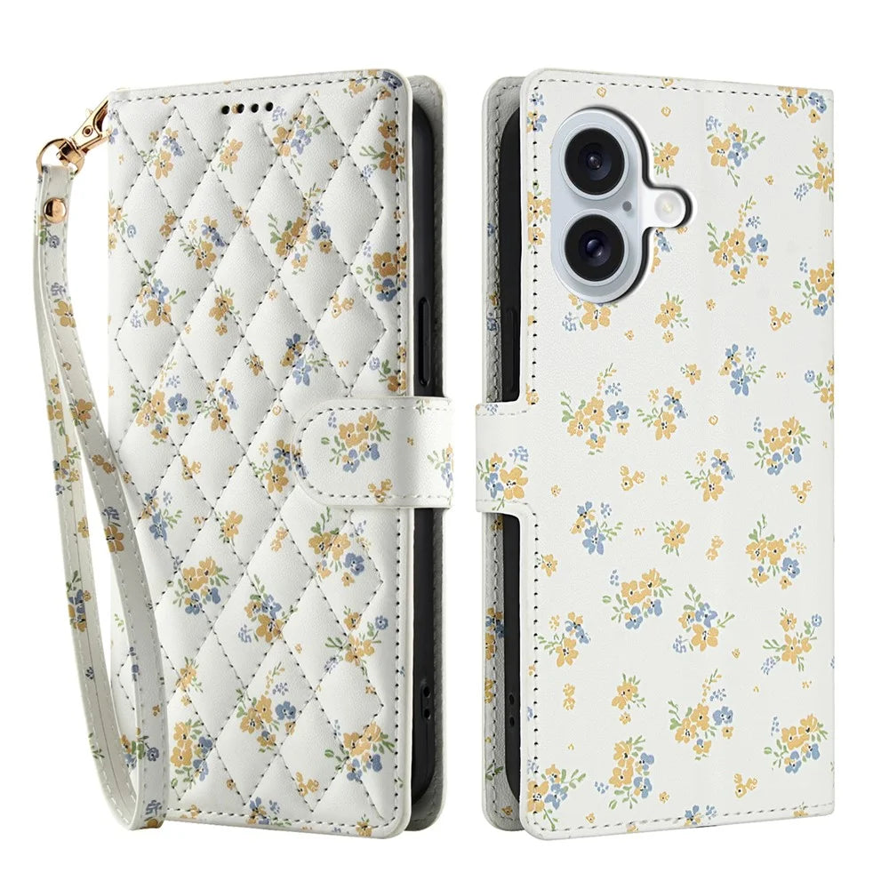 For iPhone 17 Wallet Case Rhombic Floral Design Leather Flip Phone Cover with Strap - A5 - 1