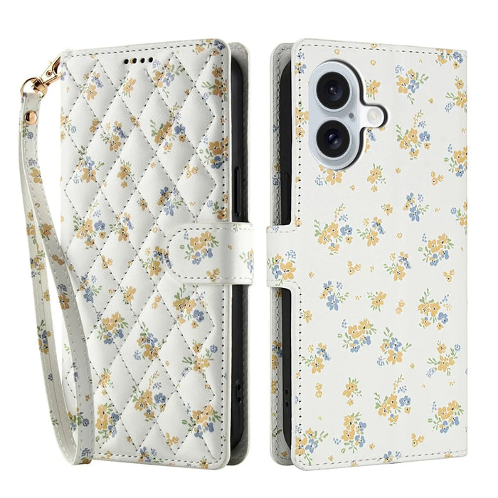 For iPhone 17 Wallet Case Rhombic Floral Design Leather Flip Phone Cover with Strap - A5 - 1